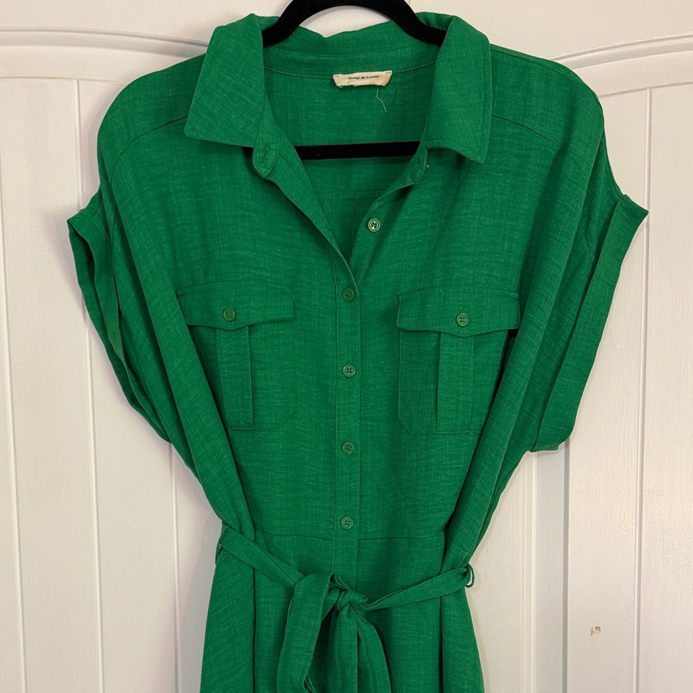 Green Midi Shirt Dress with Waist Tie - Picture 2 of 9